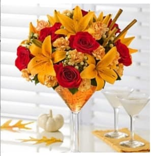 Martini Bouquet™ Pumpkin Spice Martini Bouquet™ Pumpkin Spice - Serve up smiles with our fresh floral take on the popular seasonal cocktail! Rich orange roses, lilies, carnations and more are hand-arranged. Spice things up for fall birthdays, get-togethers or just because Product ID: 145648L