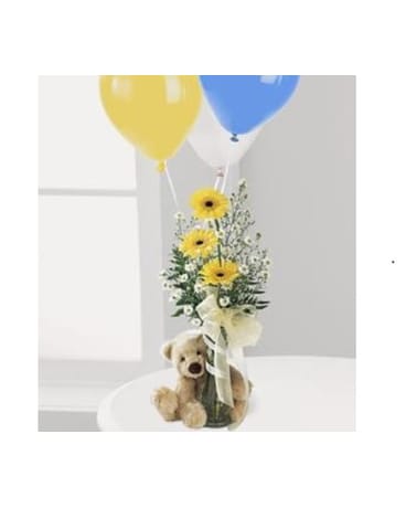 Welcome Bear Bouquet Welcome Bear Bouquet - Welcome the new addition to the family with this cuddly teddy bear. Sweet-faced bear arrives with a vase of yellow mini Gerbera daisies and white Monte Casino. Three latex balloons are included to celebrate the new baby girl or boy. FCD6-3747