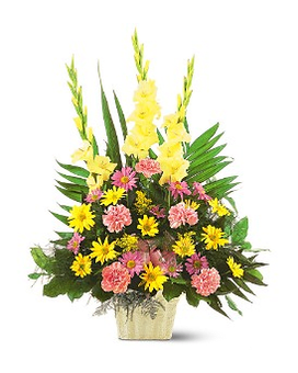 Warm Thoughts Arrangement - This pastel arrangement will express your sympathy and lovingly show your warm thoughts. One arrangement with pink carnations yellow and lavender daisies and yellow gladioli along with a pink ribbon is delivered in a white container. Approximately 24&quot; W x 34&quot; H Orientation: One-Sided   TF184-3
