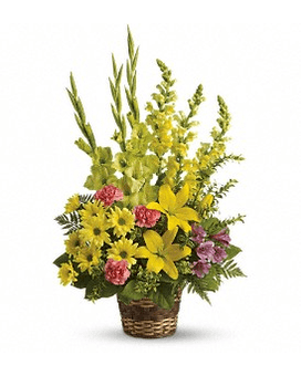 Vivid Recollections Vivid Recollections - This glorious basket of beautiful blossoms will send hope and let those you care for know that grief is a path they needn't walk alone. Bright flowers such as yellow asiatic lilies snapdragons and daisy spray chrysanthemums along with green gladioli purple alstroemeria and fresh greenery are beautifully delivered in a natural basket. Approximately 19" W x 30" H Orientation: One-Sided T218-4Aa