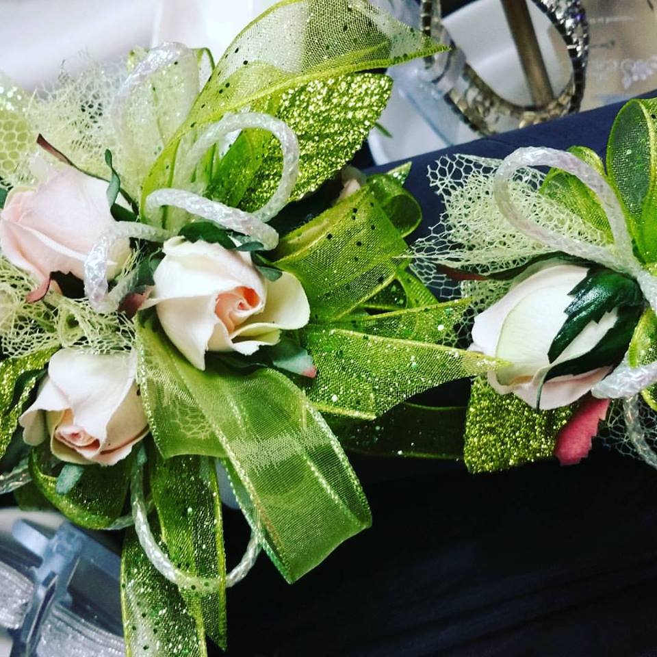 Lime Light - Lime green wrist corsage with pale pink roses