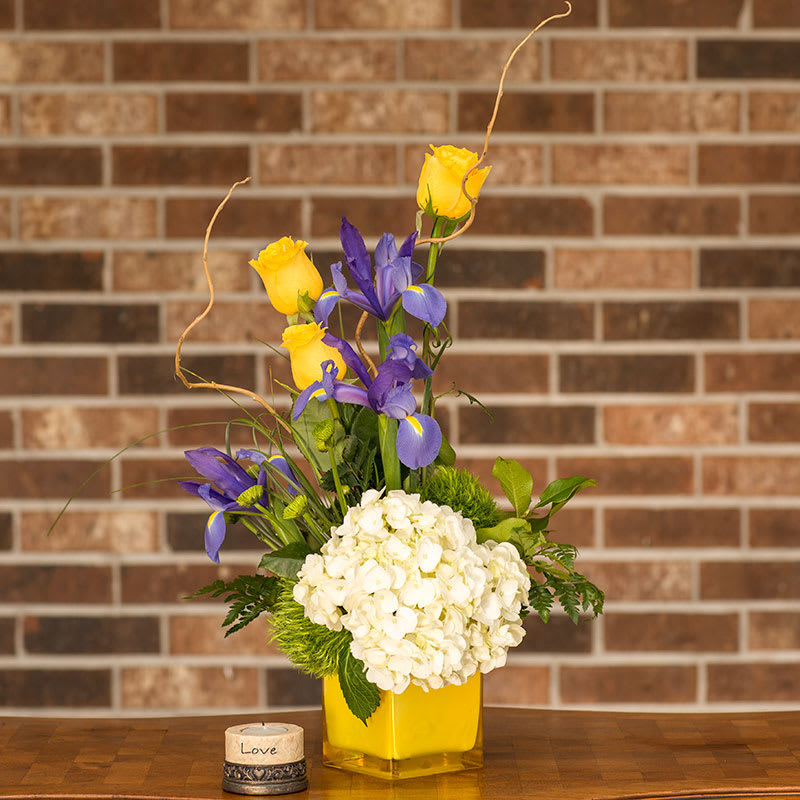 Sunny Mood - Cube of hydrangea, purple iris, roses, and much more!