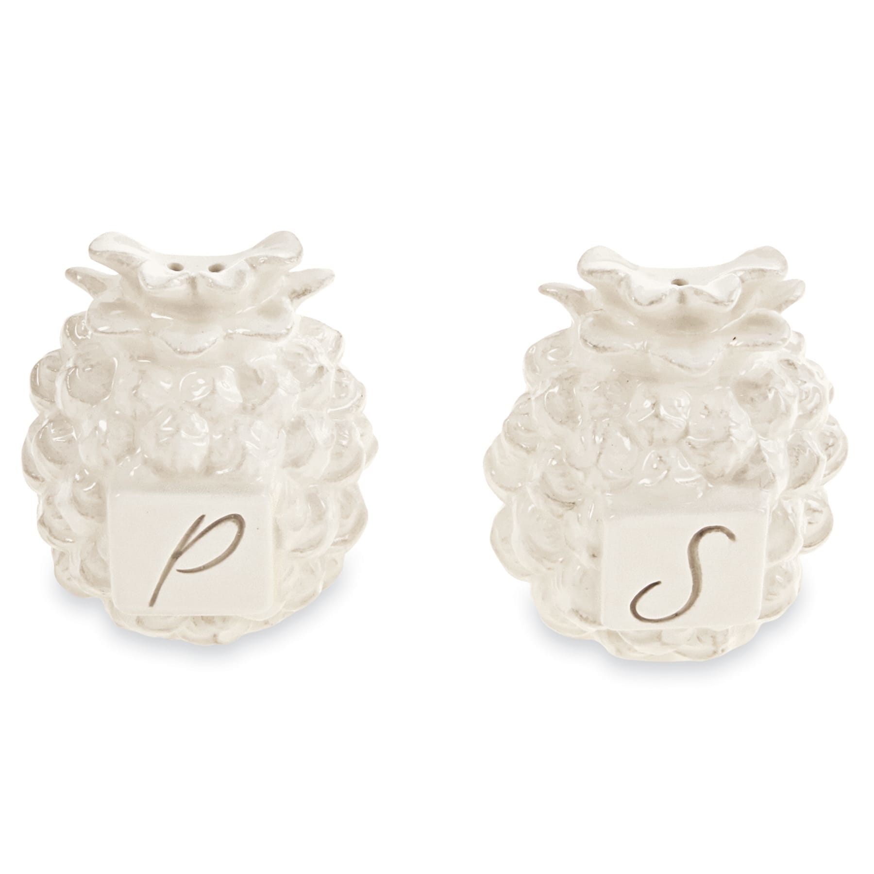 MUDPIE - Pineapple salt/pepper shaker MUDPIE - Pineapple salt/pepper shaker - Pineapple Salt and Pepper Shakers Set. Size 3.5x2.75 inches diameter. 2-piece set. Glazed ceramic pineapple textured salt and pepper shakers feature debossed identifier tags.