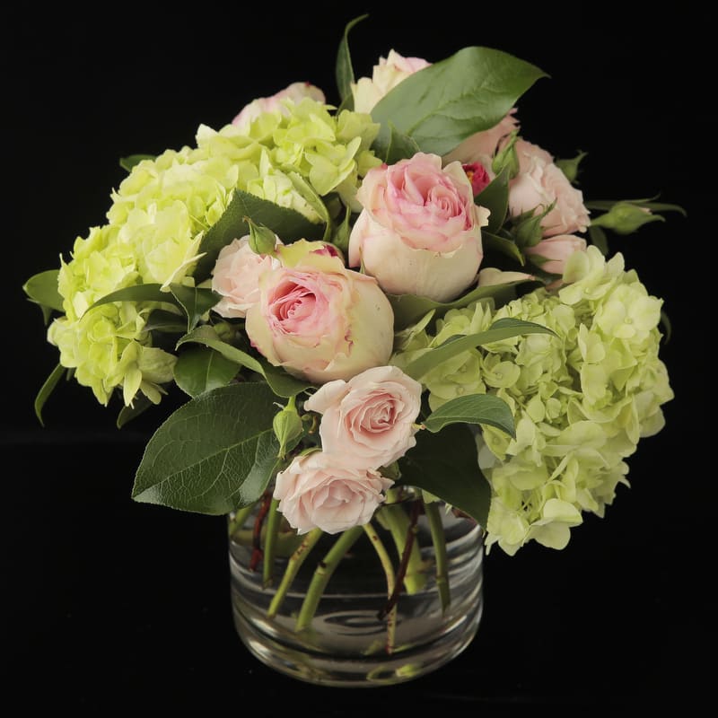 The Tammi - A pretty pastel arrangement of green hydrangeas and pink roses would make anyone smile. 