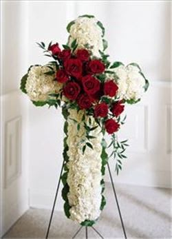 LARGE ALL WHITE STANDING CROSS WITH RED ROSES LARGE ALL WHITE STANDING CROSS WITH RED ROSES - LARGE ALL WHITE STANDING CROSS WITH RED ROSES