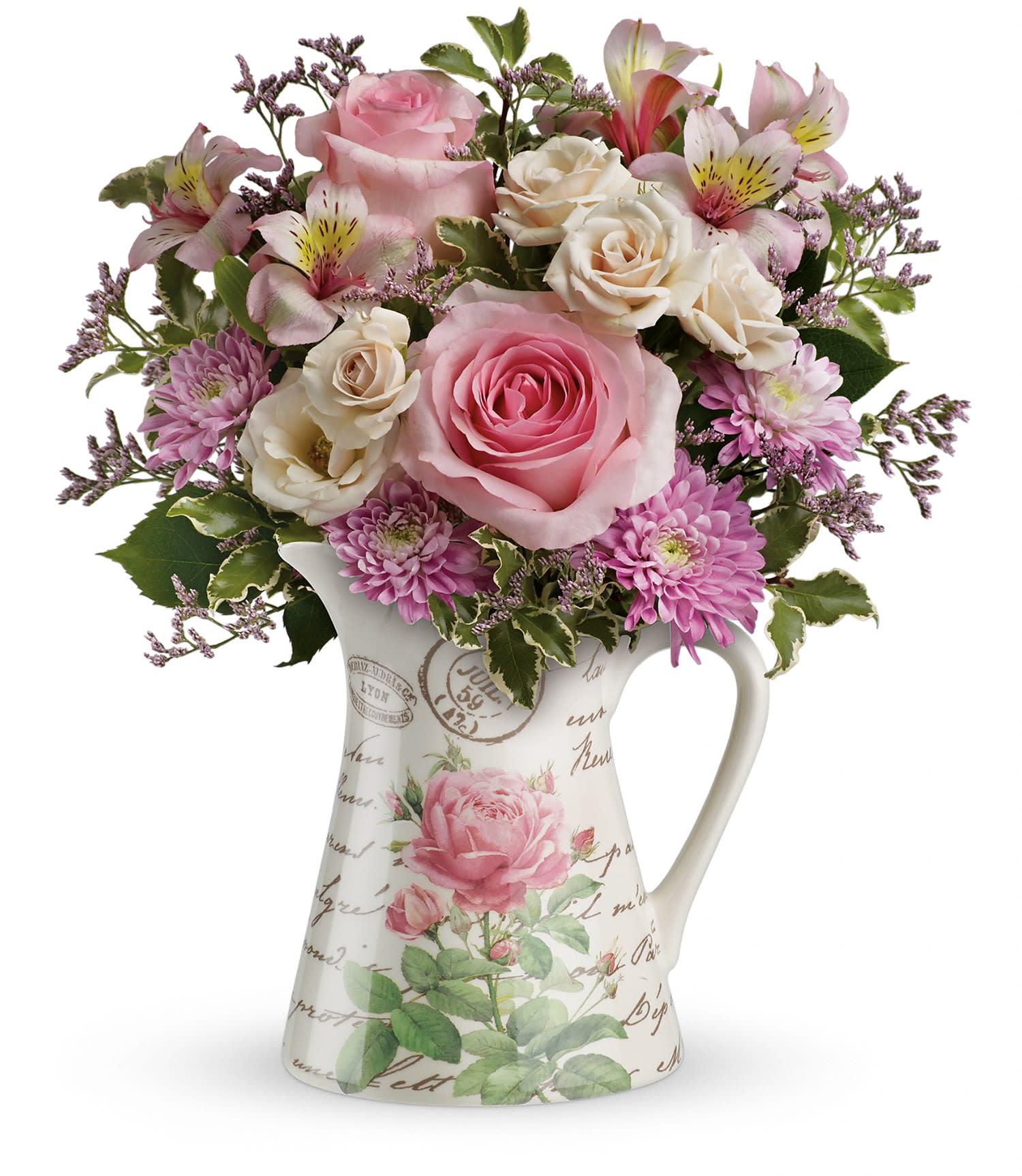 Teleflora's Fill My Heart Bouquet - Pretty pink roses, cream spray roses, light pink alstroemeria, lavender cushion spray chrysanthemums and pink limonium are accented with pitta negra. Delivered in the Fill My Heart pitcher (food safe). Approximately 11 1/4&quot; W x 13 1/4&quot; H    T15M400A