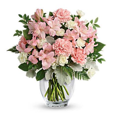 Whisper Soft Whisper Soft - This delicate arrangement includes pink alstroemeria, pink carnations, white miniature carnations, dusty miller, huckleberry, leatherleaf fern, and lemon leaf. Perfectly arranged by Floral Expressions talented floral designers! Available for same day delivery to most Denver locations!