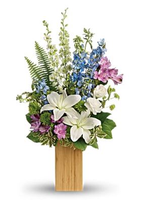 Natures Best Bouquet Natures Best Bouquet - This beautiful bouquet features white asiatic lilies, white spray roses, lavender alstroemeria, blue delphinium, white larkspur, green cushion spray chrysanthemums, bupleurum, pitta negra, sword fern, and lemon leaf. Artfully designed in a Tall Natural Bamboo Vase by the talented Floral Designers at Denver's Best Florist, Floral Expressions!