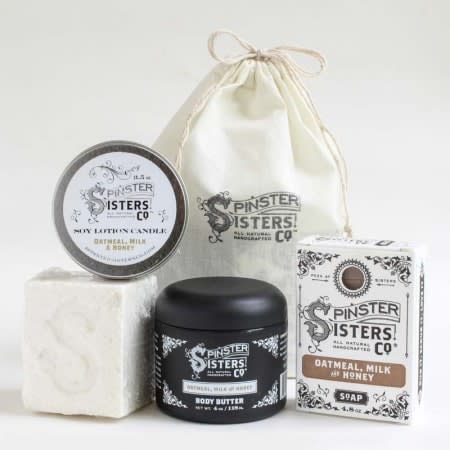 Spinster Sisters' Orange Blossom Rose Petal Home Spa Day Gift Set Spinster Sisters' Orange Blossom Rose Petal Home Spa Day Gift Set - Our Home Spa Day gift set offers all the luxury of a spa without having to leave the comfort of your house! Each gift set includes a Soy Lotion Candle which, once melted, can be used as a massage oil; a Bath Butta' Bomb to make your bath extra special; Bath Soap to wash away all your worries; and Body Butter to moisturize and soothe your skin.