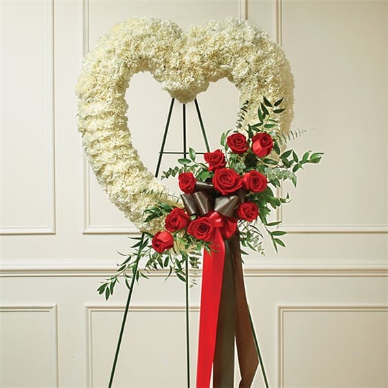 Red & White Standing Open Heart White Carnations Red Roses in