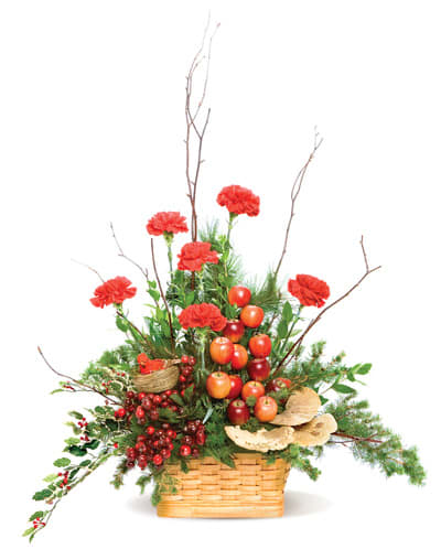Holiday in the Woods - Perfect For Any Table. Welcome the season of giving with this bountiful basket of delightful carnations, pine boughs, flora and fauna.