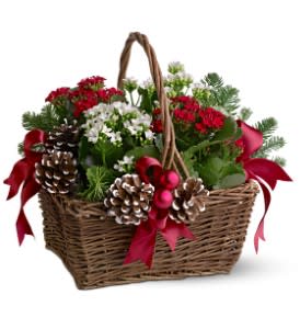 Christmas Garden Basket - This charming garden basket filled with bright, blooming plants in traditional holiday colors of crimson and white - trimmed with real pinecones, gleaming red ornaments and velvet ribbons - is perfect for everyone on your list.  Potted red and white blooming plants – with evergreens and Spanish moss – are delivered in a woven handled basket trimmed with pinecones, red Christmas ornament balls and velvet ribbons.  Approximately 14&quot; (W) x 16&quot; (H)  Orientation: All-Around  As Shown : TFWEB278