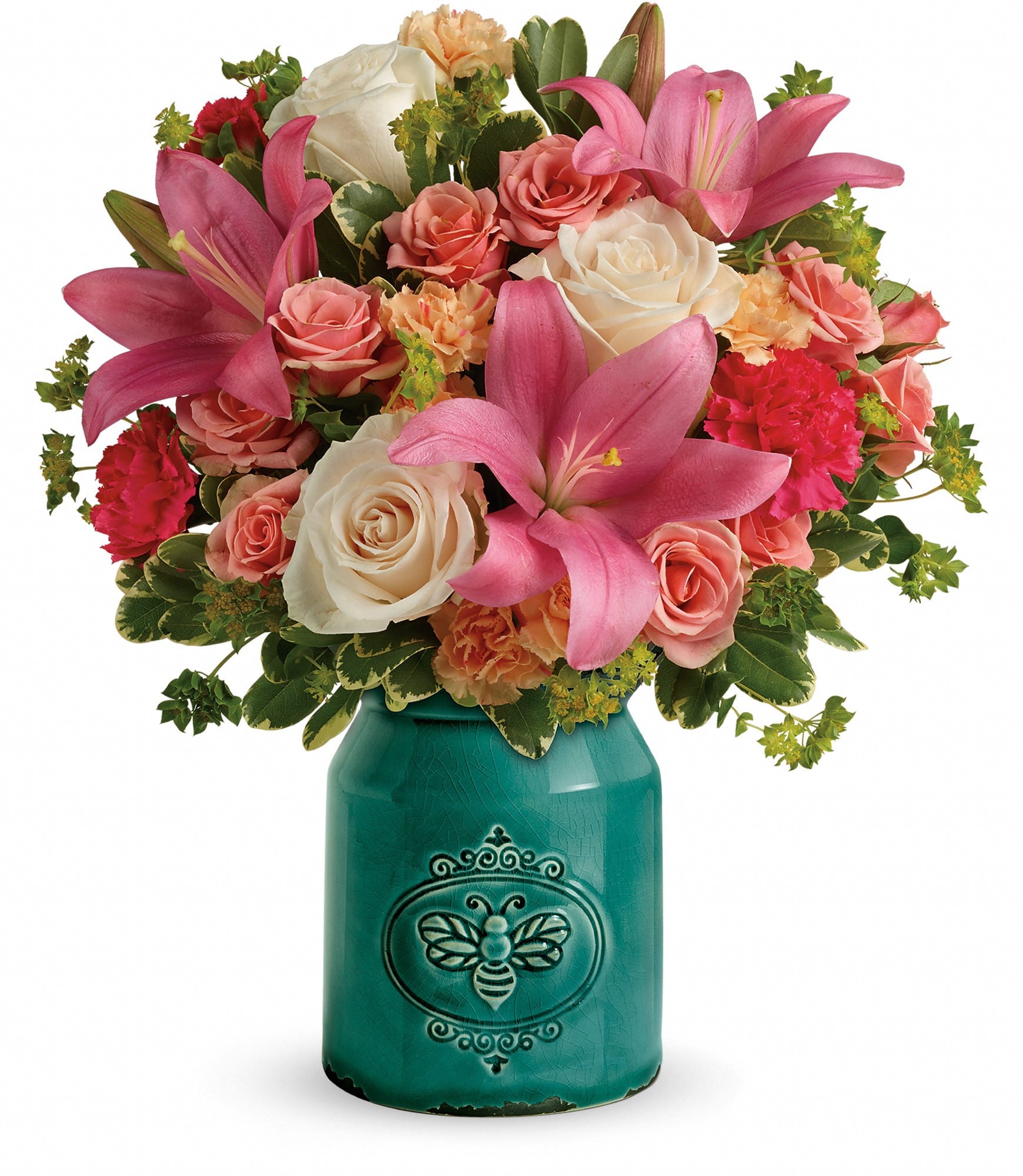 Teleflora's Country Skies Bouquet - Bright as country sunrise, this cheerful pink bouquet looks right at home in this hand-glazed stoneware crock with crackled finish and charming etched bee motif. Crème roses, peach spray roses, dark pink asiatic lilies, hot pink carnations, and peach miniature carnations are arranged with bupleurum and variegated pittosporum. Delivered in a Country Beauty Crock.