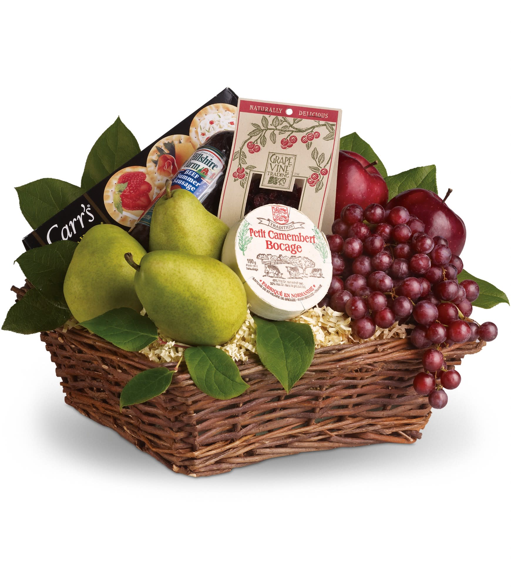 Delicious Delights Basket - It's delicious. It's delightful. It's a foody dream come true. Full of fruit, fun and more, this is a perfect gift for any occasion.  Red apples and grapes, pears, yummy dried cranberries, cheese, summer sausage and crackers are all wrapped up in a wicker basket and ready to be enjoyed. Deliciously different!  Approximately 16&quot; W x 12&quot; H   Please note: All of our bouquets and gift baskets are hand-arranged and delivered locally by professional florists. This item may require additional lead time so same-day delivery is not available.  Orientation: N/A  As Shown : T107-2A Deluxe : T107-2B Premium : T107-2C
