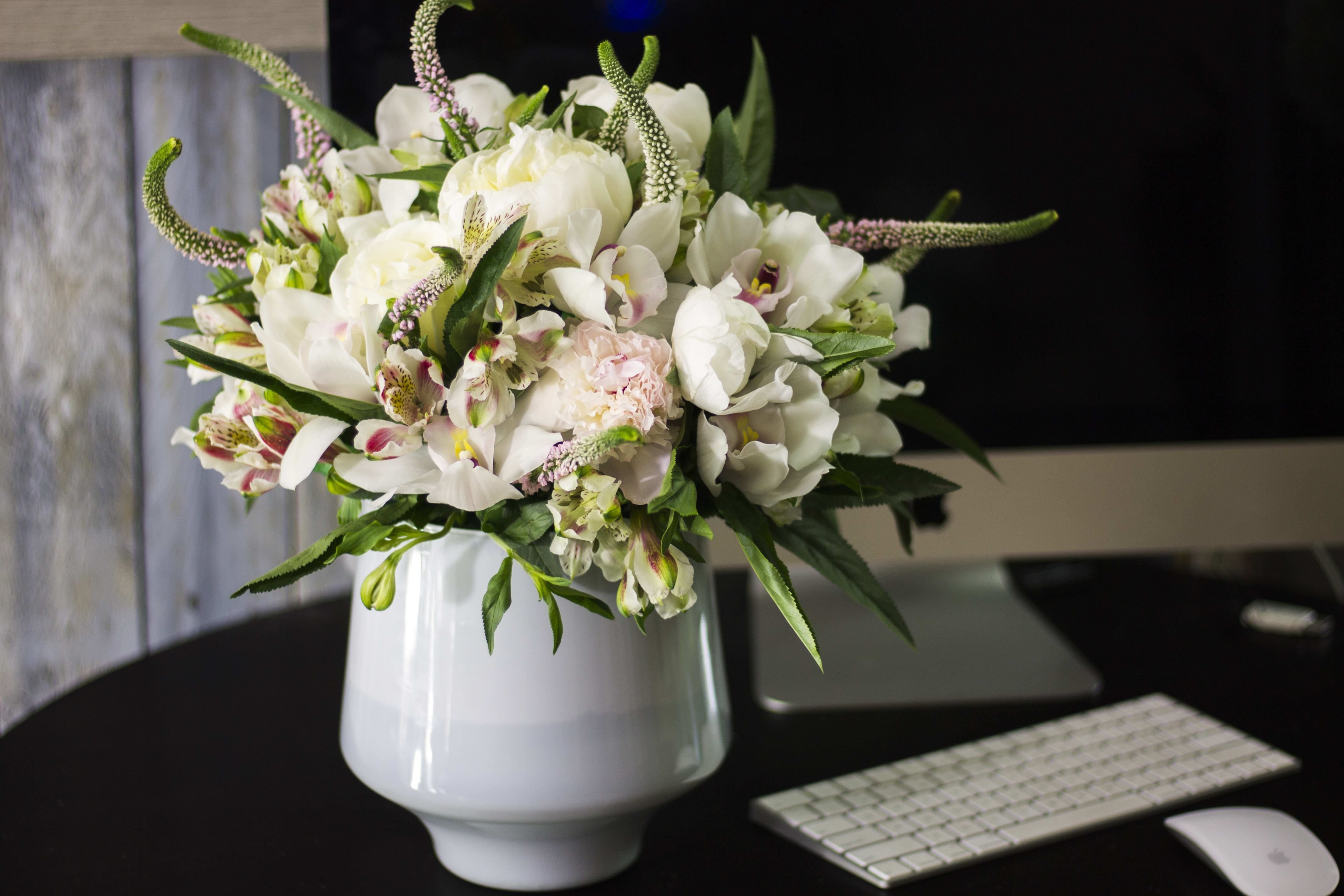Stylish Flower Arrangement With Peonies In White Colors Modern Flowers In Miami Fl Luxury Flowers Miami This simple flower arrangement features roses, tulips, stock and snips from a jasmine plant. stylish flower arrangement with peonies in white colors modern flowers in miami fl luxury flowers miami