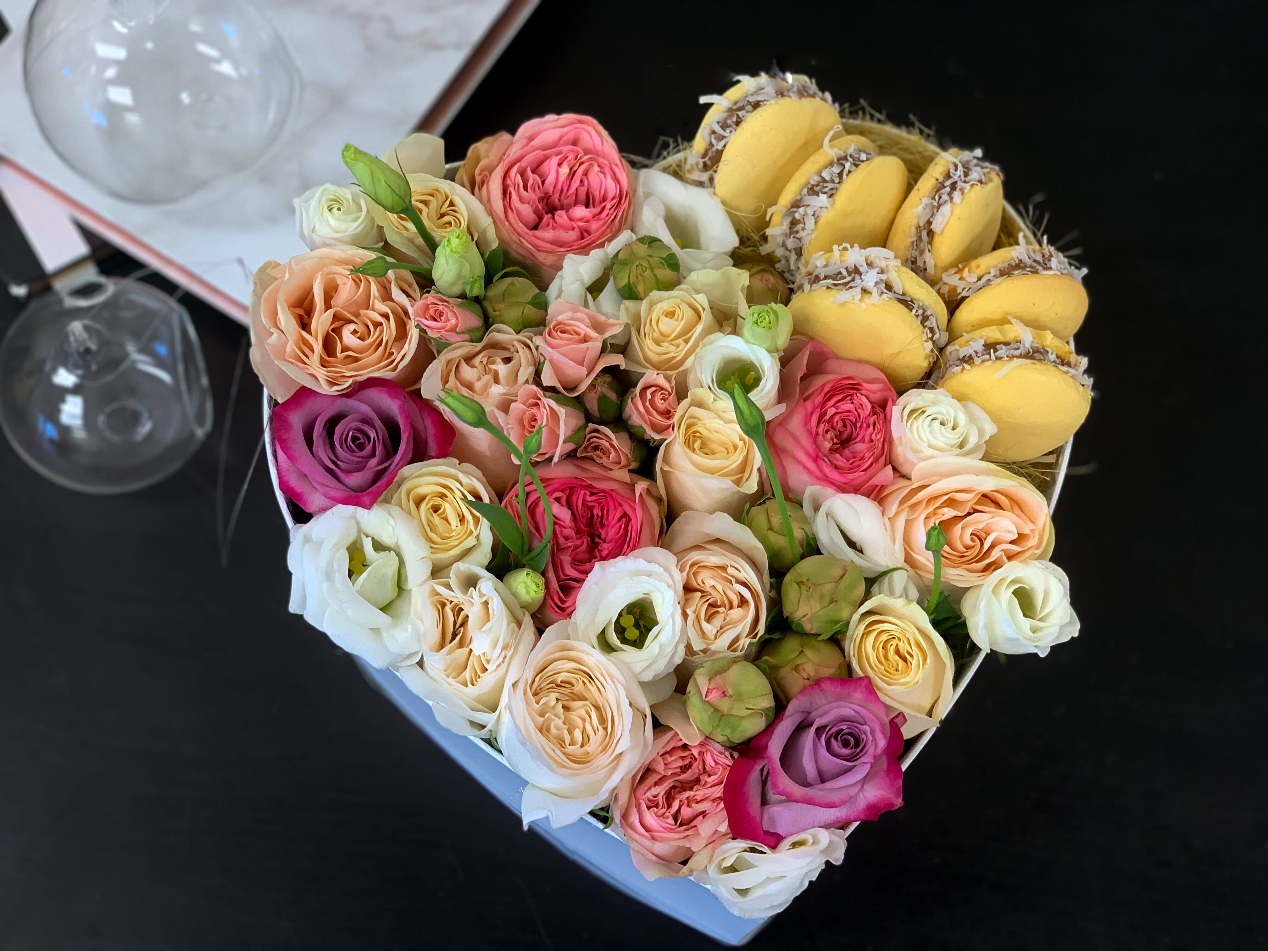Mixed Flower Arrangement in Heart Box with Macaroons in Miami , FL