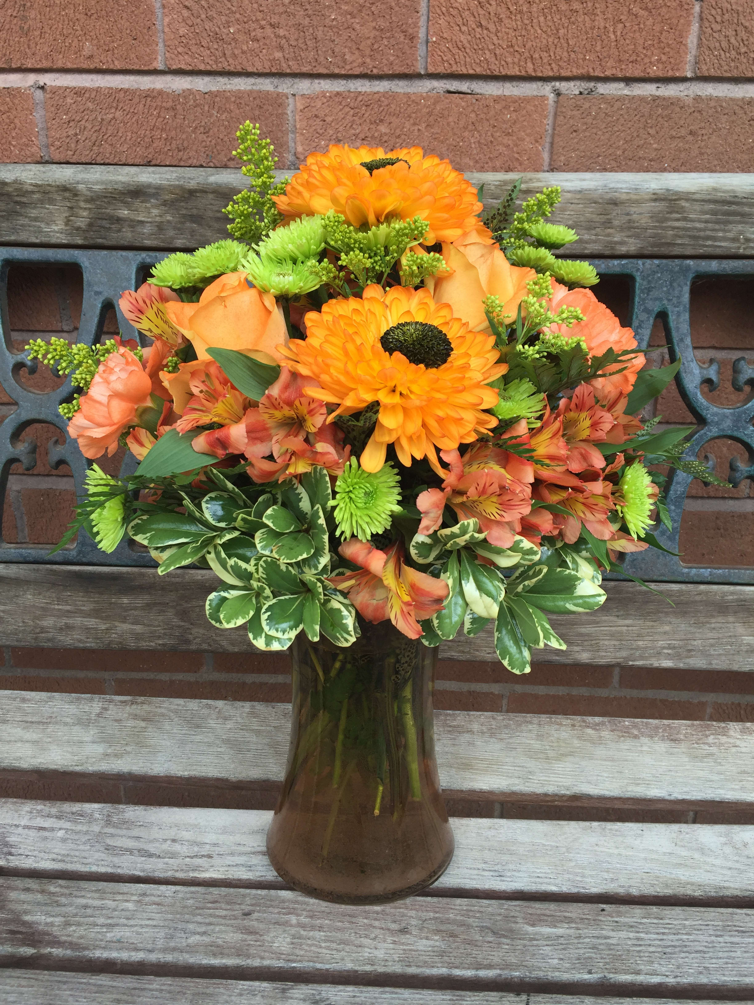 September Song September Song - Beautiful fall mix in a clear glass vase.