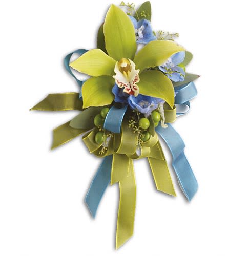 Big Night Orchid Corsage - Make a chic statement with green cymbidium orchids and blue delphinium. A green cymbidium orchid and blue delphinium with accents of green chinaberries and seeded eucalyptus.Approximately 6&quot; W x 9&quot; H Orientation: N/A As Shown : T201-6A