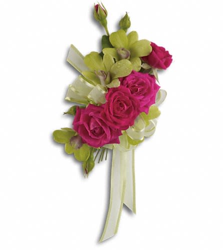 Chic and Stunning Corsage - A modern mix of green orchids and hot pink roses. A corsage of gorgeous green dendrobium orchids and hot pink spray roses.Approximately 4 1/2&quot; W x 6 1/2&quot; H Orientation: N/A As Shown : T201-1A