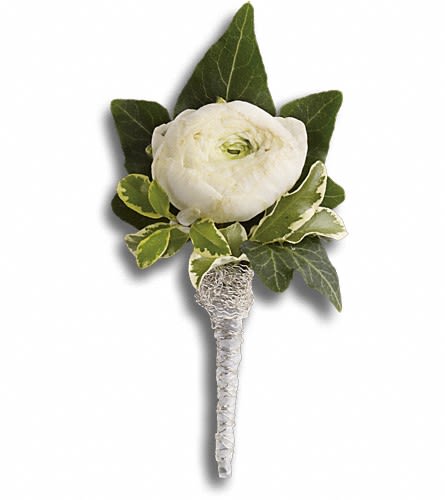 Blissful White Boutonniere - One ravishing white ranunculus radiates classic style. White ranunculus with an ivy leaf and pitta negra wrapped in an ivory satin ribbon.Approximately 2 1/2&quot; W x 5&quot; H Orientation: N/A As Shown : T202-9A
