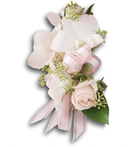 Beautiful Blush Corsage - A pale pink rose and dendrobium orchid highlight your beauty. Light pink roses and dendrobium orchids are accented with seeded eucalyptus and Israeli ruscus.Approximately 4&quot; W x 6 1/4&quot; H Orientation: N/A As Shown : T196-3A