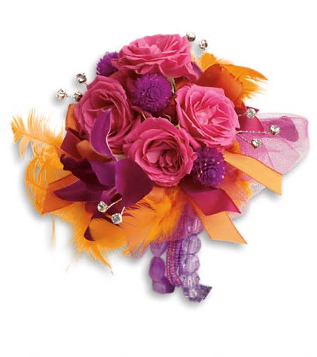 Dance 'til Dawn Corsage - Light up the night in this bright blend of purple dendrobium orchids hot pink spray roses and orange feathers. Purple dendrobium orchids hot pink spray roses and purple gomphrena accented with orange feathers.Approximately 5 1/2&quot; W x 5 1/2&quot; H Orientation: N/A As Shown : TPR09-2A