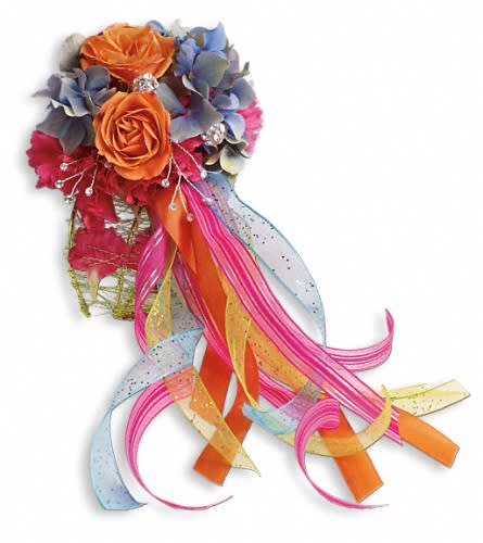 You Glow Corsage - A riot of ribbons gives a playful flair to this bright mix of blue hydrangea orange roses and pink carnations. Blue hydrangea orange spray roses hot pink miniature carnations with green wire leaf embellishment.Approximately 4 1/2&quot; W x 9&quot; H Orientation: N/A As Shown : TPR12-2A