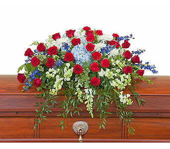 Honor Casket Spray - This beautiful red white and blue casket spray gives tribute to the one who served with honor. Approximately 44&quot; wide 36&quot; deep As Shown : HI-F722