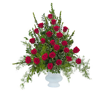 Royal Rose Urn - Red roses and premium foliage combine to make this elegant tribute. Approximately 20&quot; wide by 26&quot; high Deluxe- 24 Roses Premium- 36 Roses Standard- 12 Roses As Shown : HI-F796