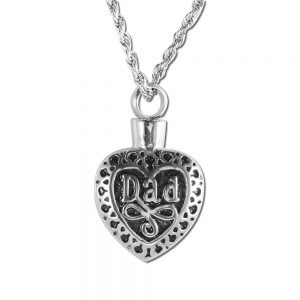 Stainless Steel Cremation Pendant Heart-Dad with Chain Stainless Steel Cremation Pendant Heart-Dad with Chain - Simple, yet elegant. High quality stainless steel cremation urn pendant. Threaded at top, holds a very small amount. Supplied with a 20″ chain and velvet box. Dimensions: 1 1/4″ L x 3/4″ W x 1/4″ D