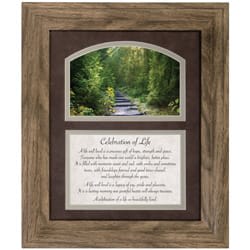 Celebration of Life Framed Remembrance- Celebration of Life 12 X 10 Celebration of Life Framed Remembrance- Celebration of Life 12 X 10 - Our framed remembrance pieces are made of durable polyresin and glass. They also feature a velvet easel back and a triangle hanger. Personalization is possible by swapping out the artwork for a 4" x 6" photograph. The saying reads: Celebration of Life- A life well lived is a precious gift of hope, strength, and grace. Someone who has made our world a brighter, better place. It is filled with moments sweet and sad, with smiles and sometimes tears, with friendships formed and good times shared, and laughter through the years. A life well lived is a legacy of joy, pride and pleasure. It is a lasting memory our grateful hearts will always treasure. A celebration of a life so beautifully lived.