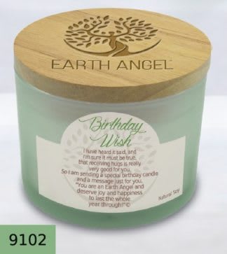Birthday Wish Earth Angel Candle - This 12 Ounce 2 wick lead free candle made with natural soy. Measures 4 3/8&quot;Wide and 3 1/4&quot; High crafted with a wood embossed lid. Clean burning and soot free with a pleasant vanilla fragrance. Will burn for over 35 hours. Birthday Wish-I have heard it said, and I'm sure it must be true, that receiving hus is really very good for you. So I am sending a special birthday candle and a message just for you,&quot;You are and Earth Angel and deserve joy and happiness to last the whole year through!&quot;