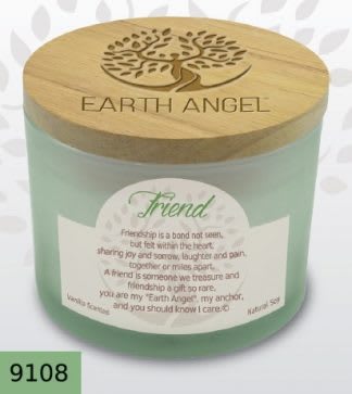Friend Earth Angel Candle - This 12 Ounce 2 wick lead free candle made with natural soy. Measures 4 3/8&quot;Wide and 3 1/4&quot; High crafted with a wood embossed lid. Clean burning and soot free with a pleasant vanilla fragrance. Will burn for over 35 hours. Friend- Friendship is a bond not seen, but felt within the heart, sharing joy and sorrow, laughter and pain, together or miles apart. A friend is someone we treasure and friendship a gift so rare, you are my &quot;Earth Angel&quot;, my anchor, and you should know I care.