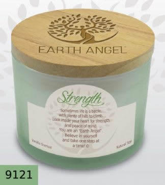 Strength Earth Angel Candle - This 12 Ounce 2 wick lead free candle made with natural soy. Measures 4 3/8&quot;Wide and 3 1/4&quot; High crafted with a wood embossed lid. Clean burning and soot free with a pleasant vanilla fragrance. Will burn for over 35 hours. Strength- Sometimes life is a battle, with plenty of hills to climb. Look inside your heart for strength and peace of mind. You are an &quot;Earth Angel&quot;. believe in yourself and take one step at a time!
