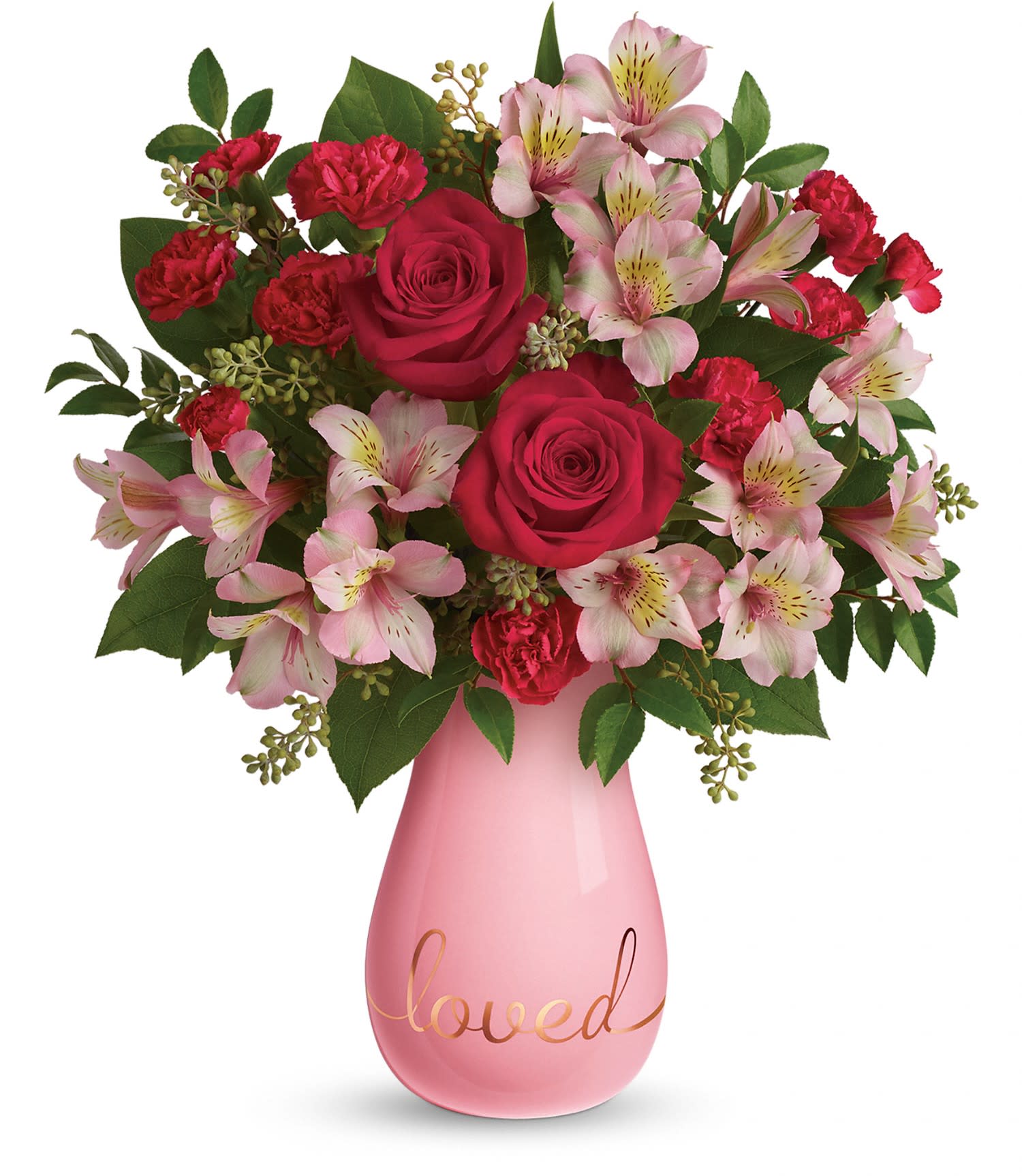 Teleflora's True Lovelies Bouquet - This fun mix features red roses, pink alstroemeria, red miniature carnations, huckleberry, seeded eucalyptus, and lemon leaf. Delivered in a True Lovelies vase. Approximately 13&quot; W x 15 1/2&quot; H