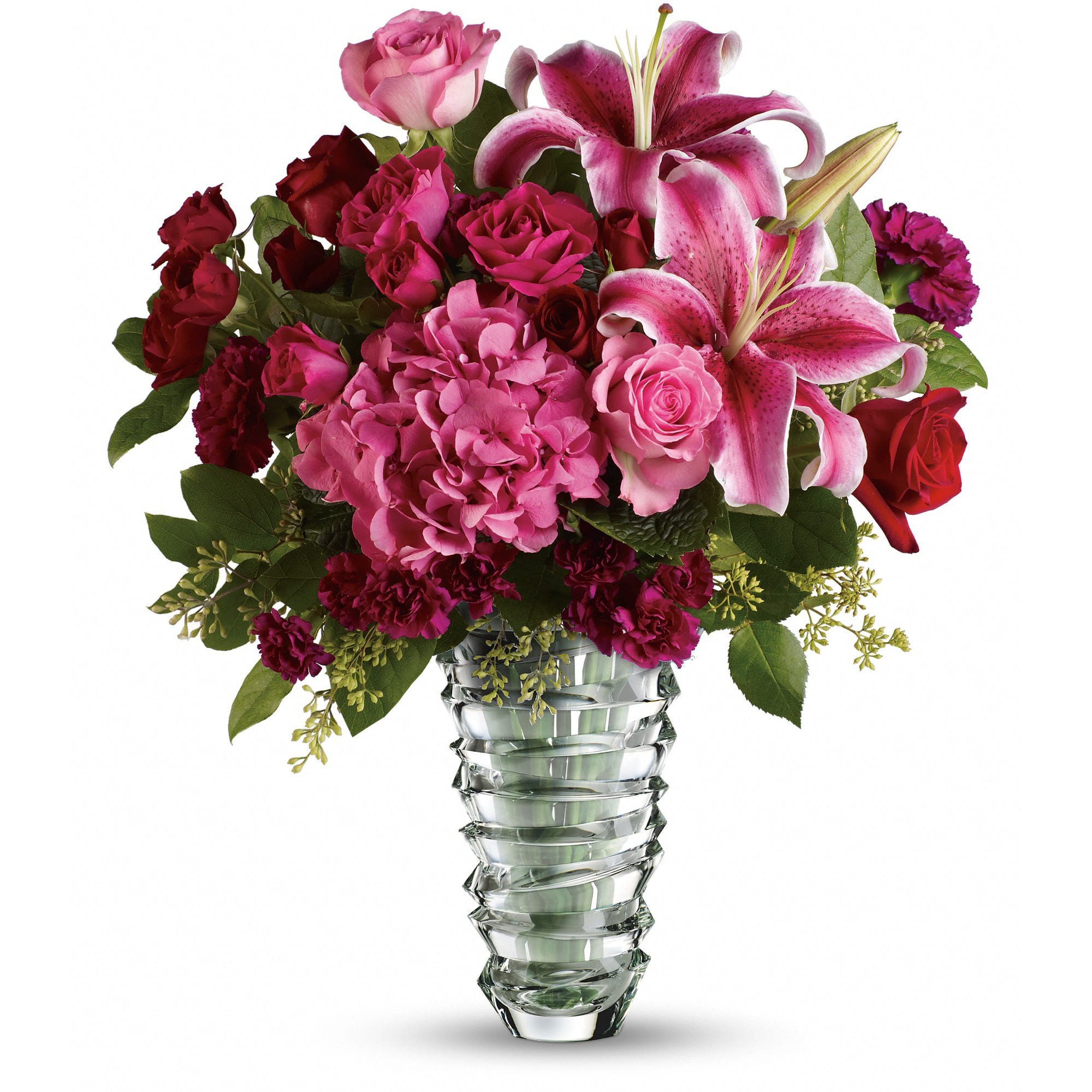 Teleflora's Swept Away - Long Stemmed Roses - Express your passion with the eloquence of Shakespeare thanks to these roses, lilies and other classic flowers of love. Add a contemporary spin with a dazzling glass vase sculpted with free-form rings so vibrant they practically dance. Thy lady will be wowed!  