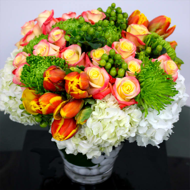 Orange, Yellow, Green Pave - Orange Tulips, Yellow, Roses Green Pave
