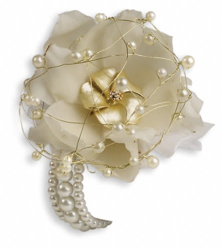 Shimmering Pearls Corsage - by Collene's Crafts-N-Flowers Shimmering Pearls Corsage - by Collene's Crafts-N-Flowers - When elegance is of the utmost importance choose white orchids and classic pearls. White cymbidium orchid blossom with flower pendant and pearls.Approximately 5" W x 5" H Orientation: N/A As Shown : TPR15-2A