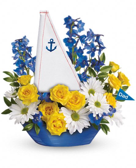 Captain Carefree Bouquet Captain Carefree Bouquet - Float Dad's boat with a marvelous arrangement of bright blooms. Delivered in a blue keepsake sailboat, it's the perfect way to say Happy Father's Day. Includes yellow spray roses, blue delphinium and white daisy spray chrysanthemums.