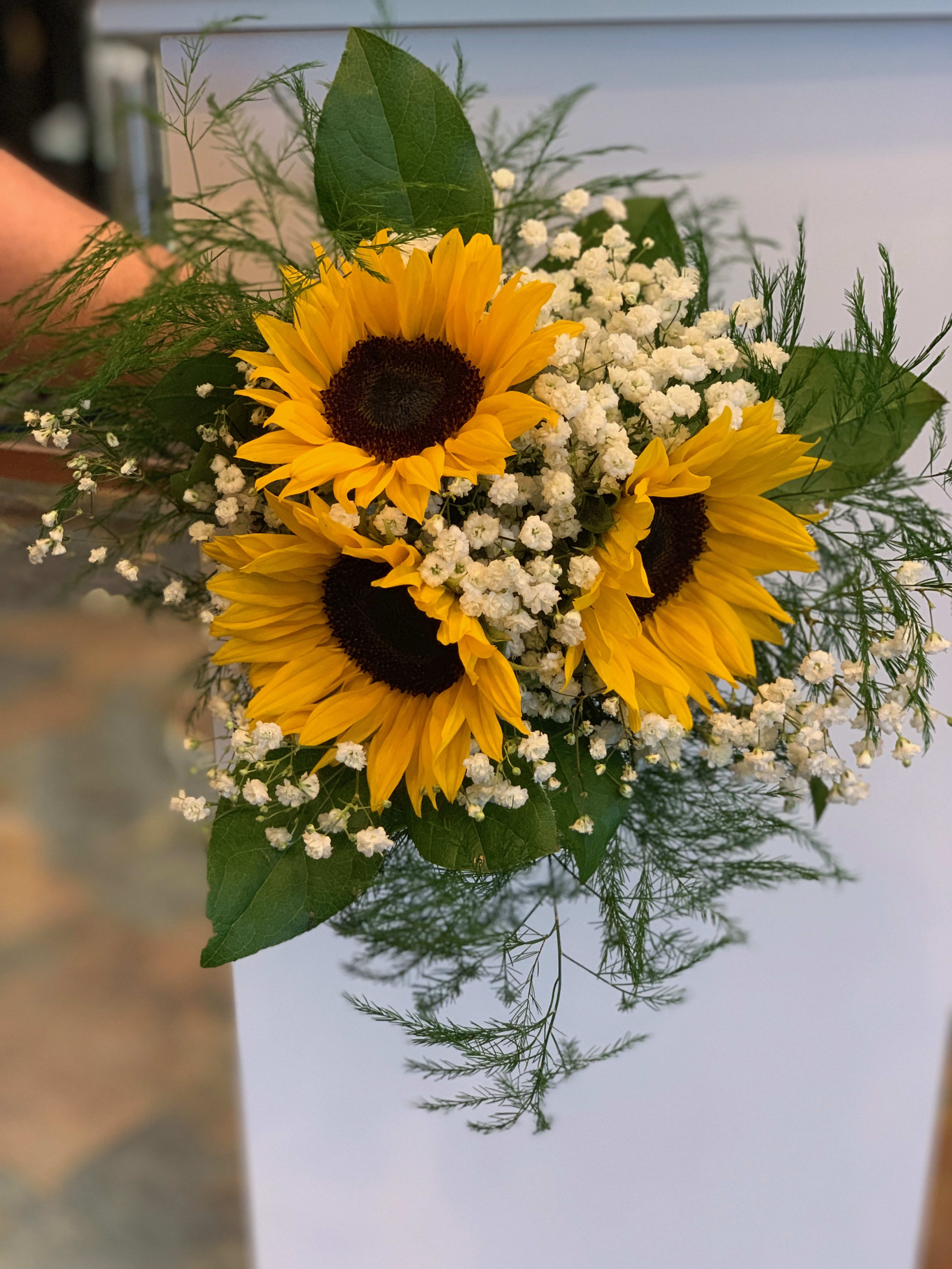 9.5 inches tall Yellow Silk Sunflowers Daisies & Baby Breath Bouquet 