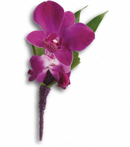 Perfect Purple Orchid Boutonniere - An exotic pick with confidence and style. Purple dendrobium orchids Italian ruscus and a galax leaf bundled in a purple satin ribbon.Approximately 2 1/2&quot; W x 5 1/4&quot; H Orientation: N/A As Shown : T202-8A