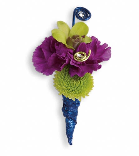 Evening Electric Boutonniere - Make a statement in this electric mix of bright green orchids and deep purple carnations. Green dendrobium orchids purple carnations and green button spray chrysanthemums.Approximately 2&quot; W x 4&quot; H Orientation: N/A As Shown : TPR11-1A