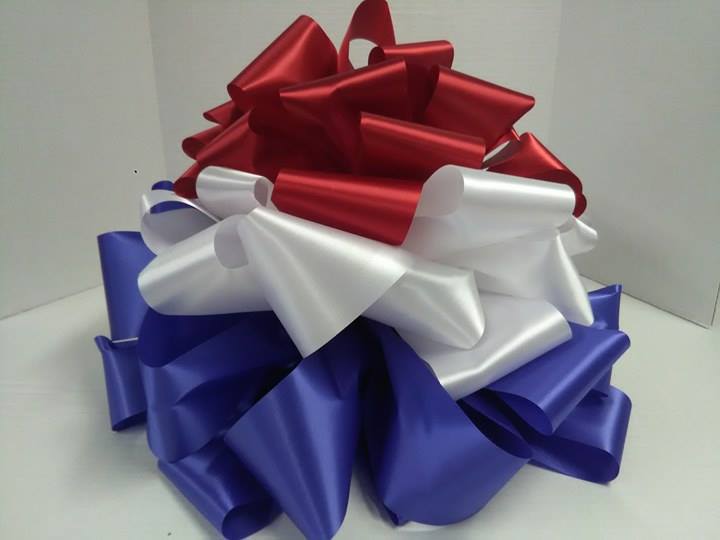 Patriotic Satin Ribbon Bow - Large satin ribbon bow Approximately 15 inches tall and circumference 18 inches includes four streamers.