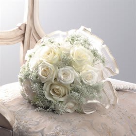 Bridal Queen Bouquet  - Classic round bouquet of white roses and Queen Anne's Lace is a royal statement for any bride.   Approximately 14&quot;H x 10&quot;W x 10&quot;D