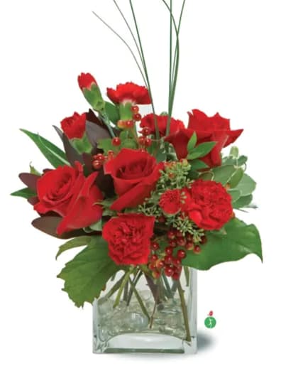 Rosey Posey - A deep red combination that is sure to delight and surprise someone special. This combination of red roses and red carnations is arranged in a stylish glass cube accented with clear pebbles resting on the bottom.
