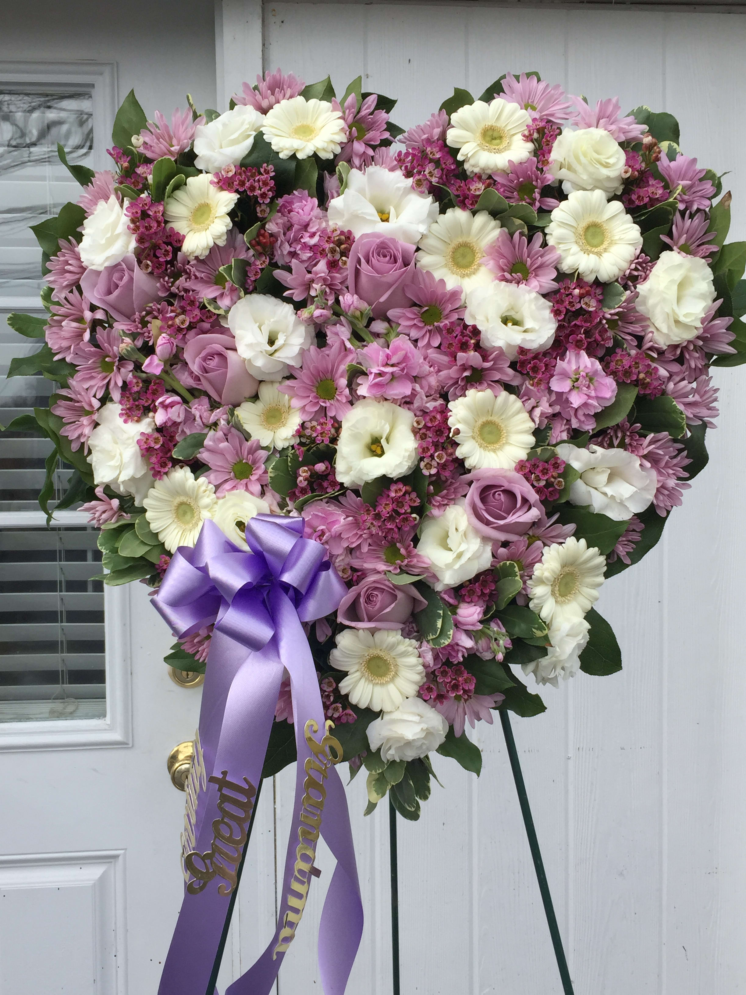 Small Closed Heart Lavender &amp; White - White lisianthus, Lavender roses, Lavender stock, white mini gerbera daisy, Lavender daisy, purple was flower. Finished with premium greens.