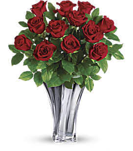 Teleflora's Flawless Romance Bouquet Teleflora's Flawless Romance Bouquet - 12 red roses, 2 lemon leaf, 1 sterling love vase