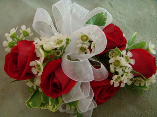 Red Rose Wrist corsage White Sheer Ribbon in Huntsville, AL | Country ...