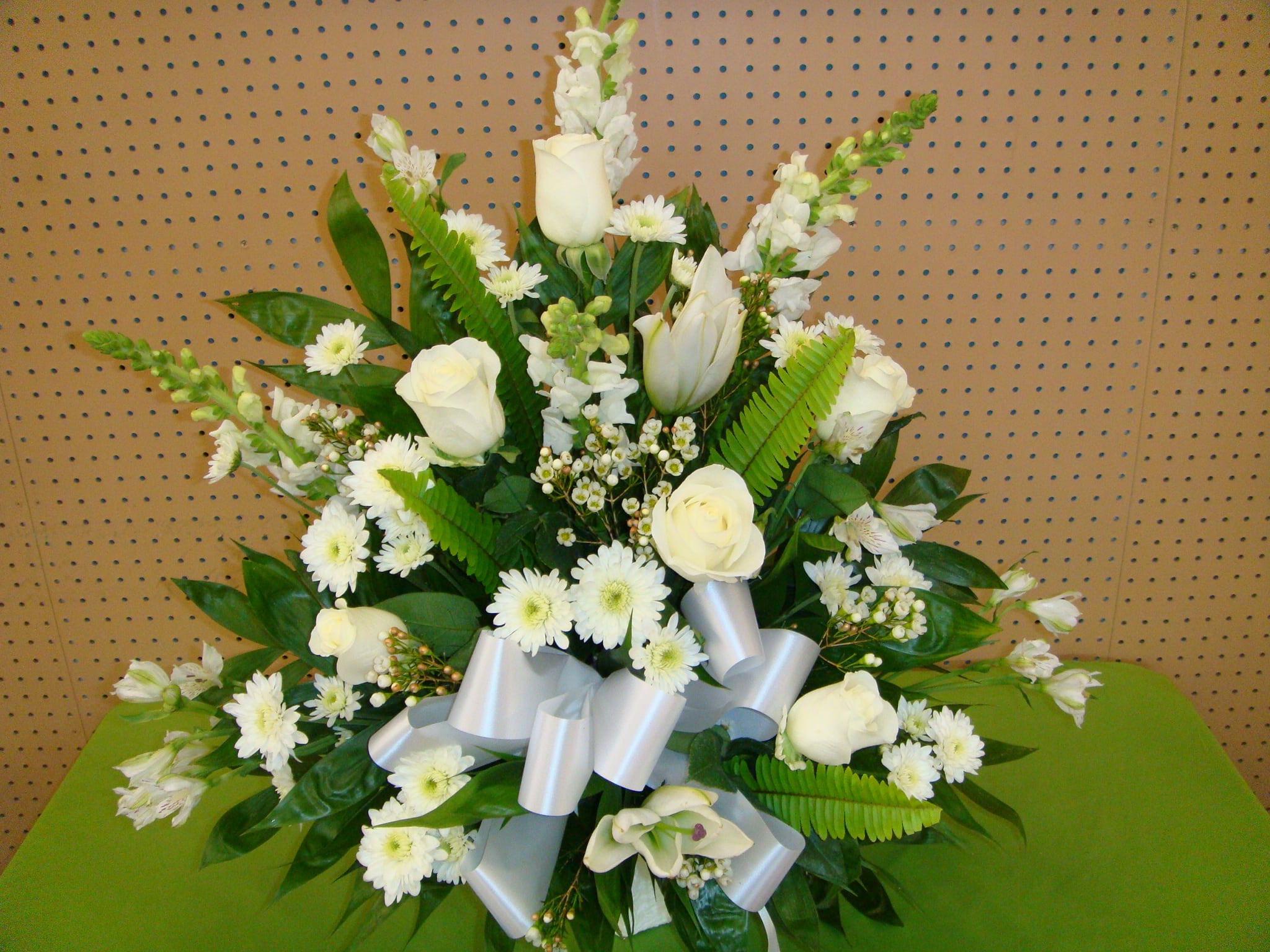 SYA15 White Sympathy Basket Arrangement Lillies,Alstros,Roses,Snaps  - White Sympathy Basket Arrangement Lillies,Alstros,Roses,Snaps 