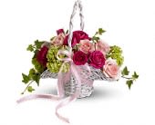 Flower Girl's Dream Basket - This perfect little basket of pink blooms and fresh greens is trimmed with pink organza ribbon. A small princess basket overflows with roses viburnum green chrysanthemums and ivy.Approximately 11 1/2&quot; W x 9 1/2&quot; H Orientation: All-Around As Shown : T193-6A